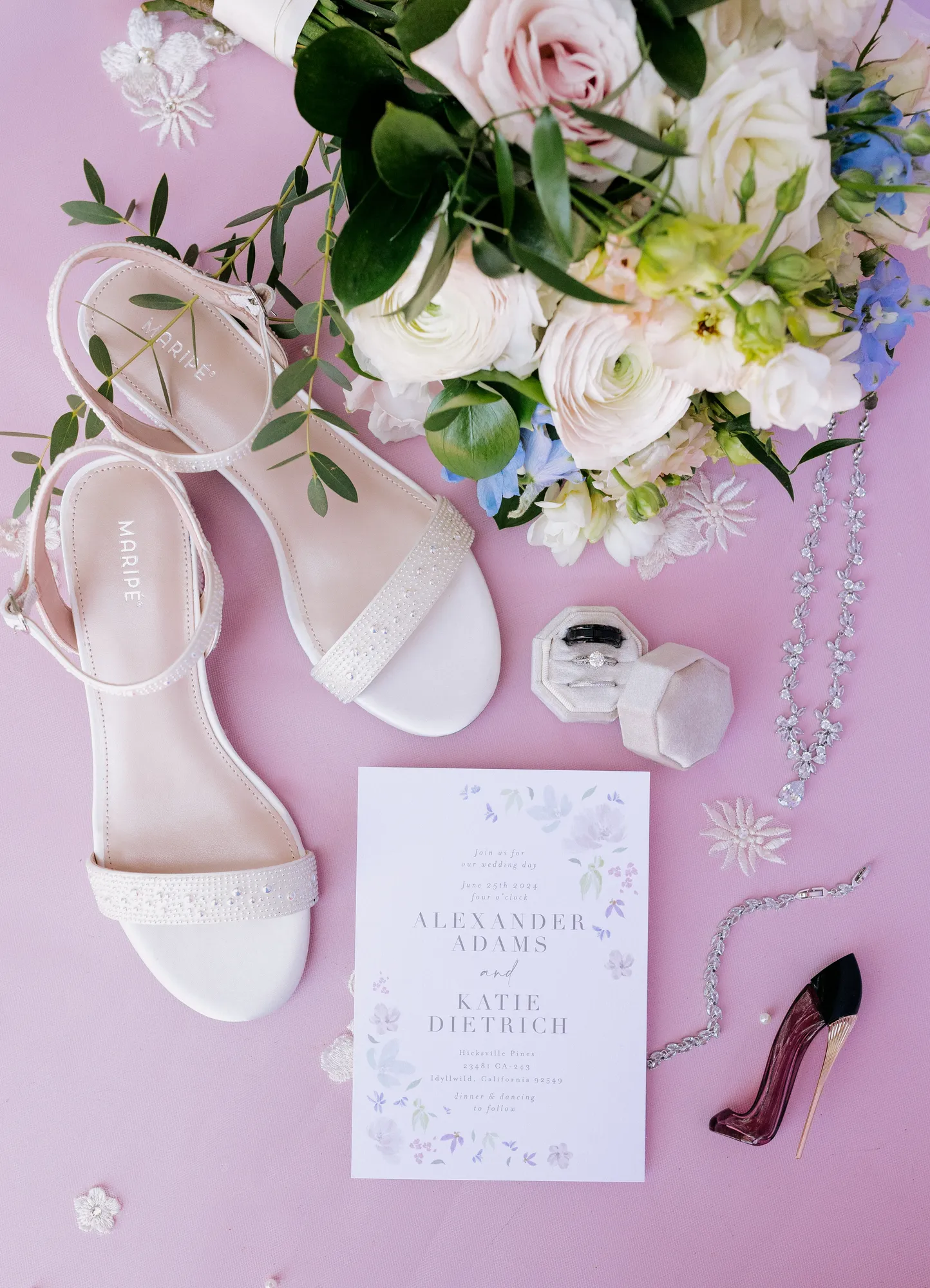 Wedding details styled on pink